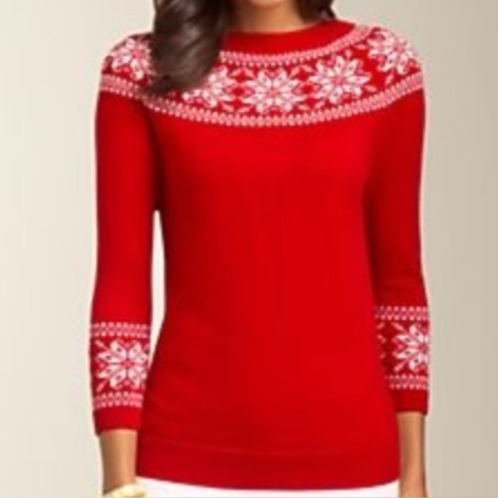 Talbots Womens NWT Sweater Size 1X Petite Red Snowflakes LambsWool Blend Nordic